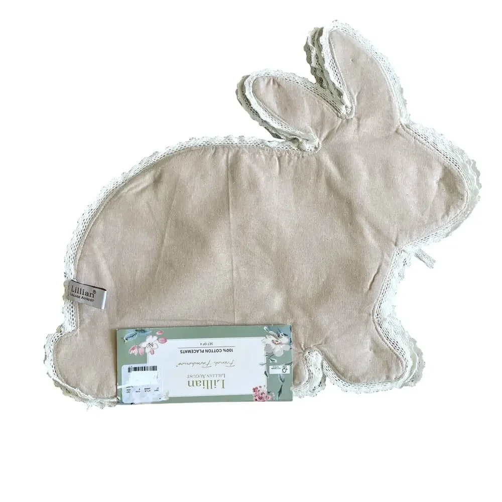 Lillian August Tan Bunny Shaped Placemats 17in Set of 4 Lace Accents NEW